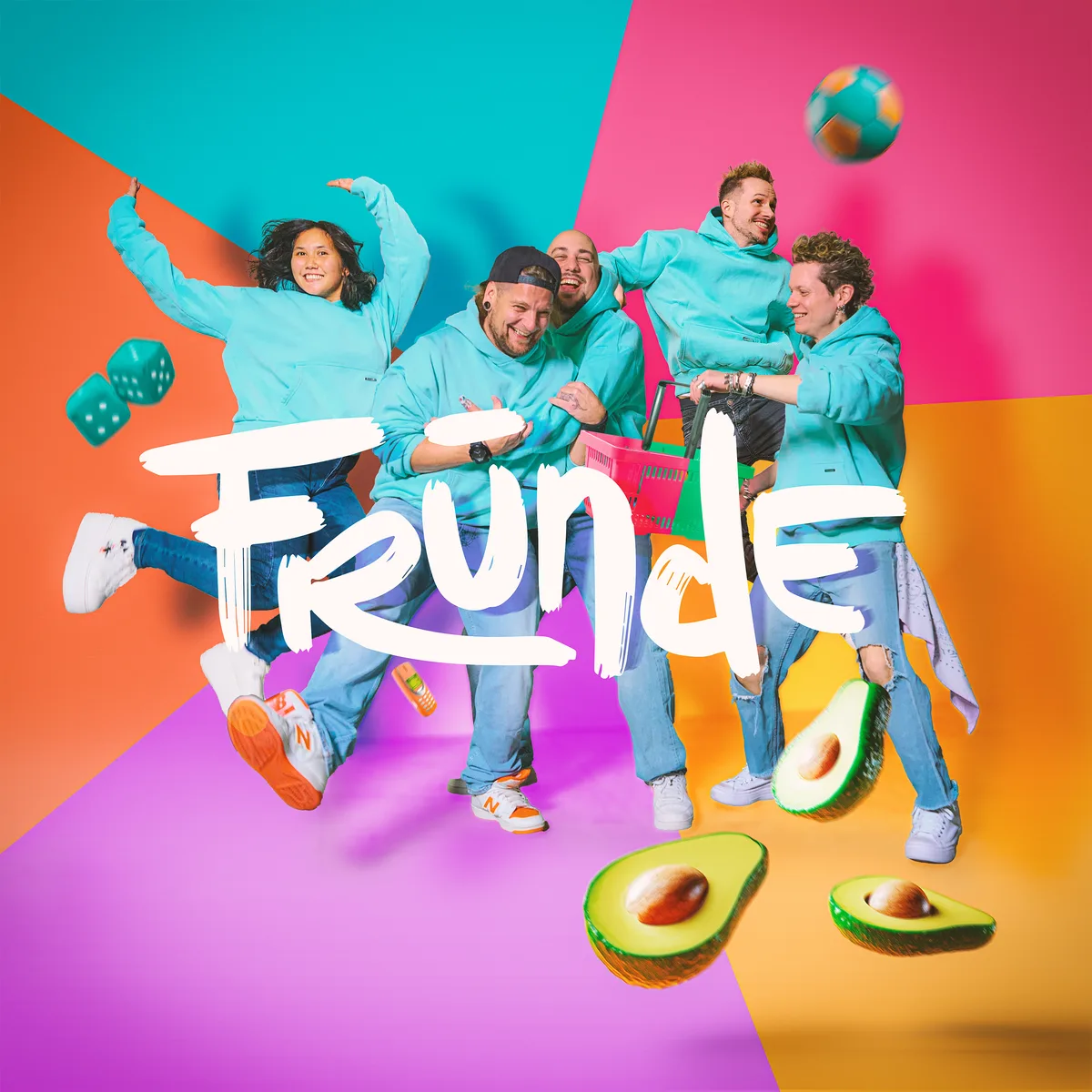 Die Band Fründe, mit Frontmann Mäge (Zweiter von links) aus Hittnau, veröffentlicht ihr erstes Album «Wunderschöni Ziit». Das bunte Albumcover von «Wunderschöni Ziit»